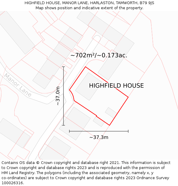 HIGHFIELD HOUSE, MANOR LANE, HARLASTON, TAMWORTH, B79 9JS: Plot and title map