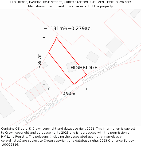 HIGHRIDGE, EASEBOURNE STREET, UPPER EASEBOURNE, MIDHURST, GU29 0BD: Plot and title map