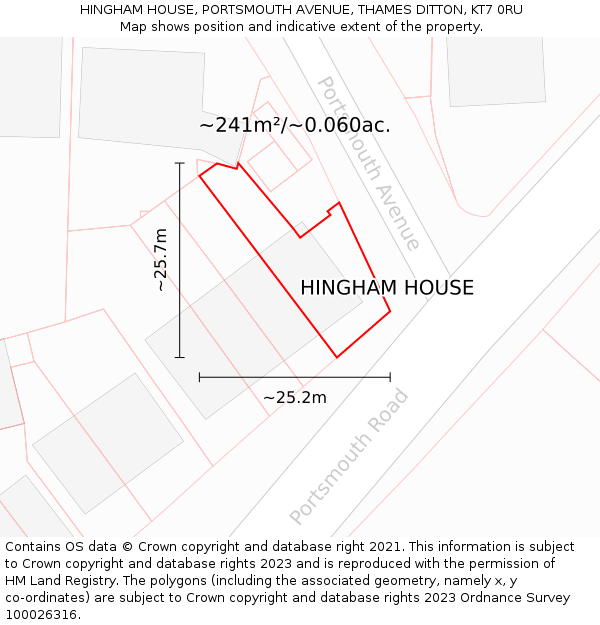 HINGHAM HOUSE, PORTSMOUTH AVENUE, THAMES DITTON, KT7 0RU: Plot and title map