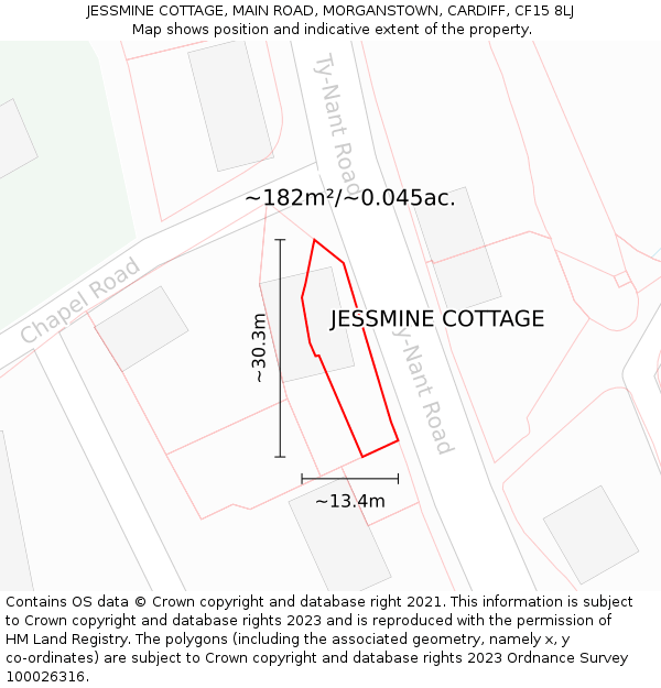 JESSMINE COTTAGE, MAIN ROAD, MORGANSTOWN, CARDIFF, CF15 8LJ: Plot and title map
