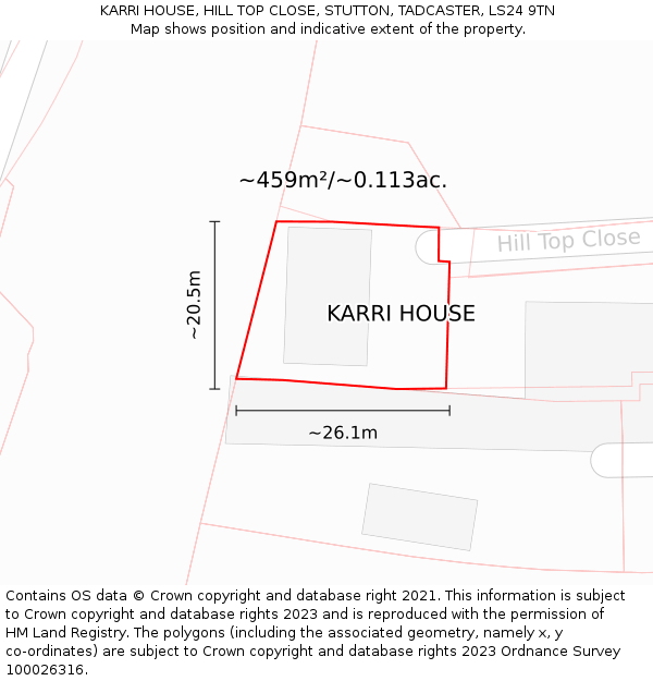 KARRI HOUSE, HILL TOP CLOSE, STUTTON, TADCASTER, LS24 9TN: Plot and title map