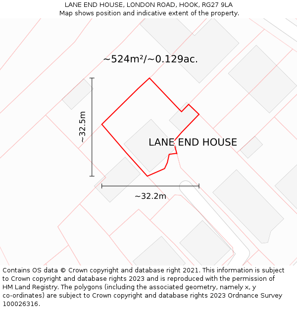LANE END HOUSE, LONDON ROAD, HOOK, RG27 9LA: Plot and title map