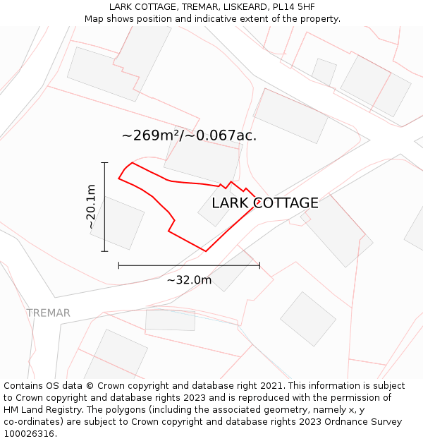 LARK COTTAGE, TREMAR, LISKEARD, PL14 5HF: Plot and title map