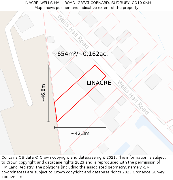 LINACRE, WELLS HALL ROAD, GREAT CORNARD, SUDBURY, CO10 0NH: Plot and title map