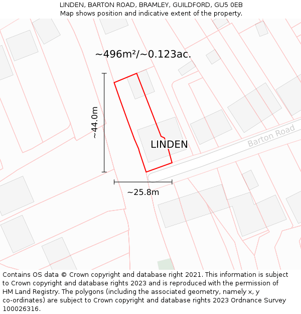 LINDEN, BARTON ROAD, BRAMLEY, GUILDFORD, GU5 0EB: Plot and title map
