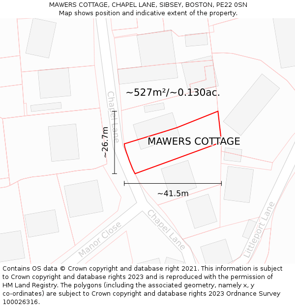 MAWERS COTTAGE, CHAPEL LANE, SIBSEY, BOSTON, PE22 0SN: Plot and title map