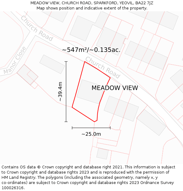 MEADOW VIEW, CHURCH ROAD, SPARKFORD, YEOVIL, BA22 7JZ: Plot and title map