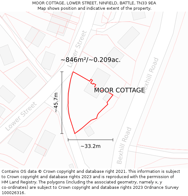 MOOR COTTAGE, LOWER STREET, NINFIELD, BATTLE, TN33 9EA: Plot and title map