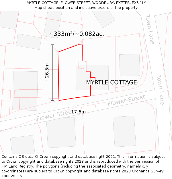 MYRTLE COTTAGE, FLOWER STREET, WOODBURY, EXETER, EX5 1LY: Plot and title map