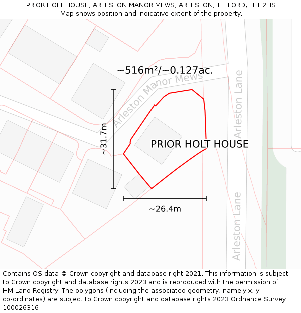 PRIOR HOLT HOUSE, ARLESTON MANOR MEWS, ARLESTON, TELFORD, TF1 2HS: Plot and title map