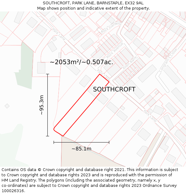 SOUTHCROFT, PARK LANE, BARNSTAPLE, EX32 9AL: Plot and title map