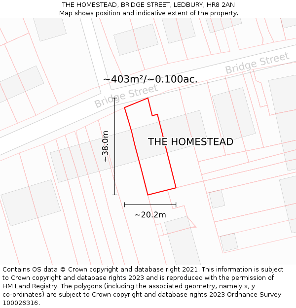 THE HOMESTEAD, BRIDGE STREET, LEDBURY, HR8 2AN: Plot and title map