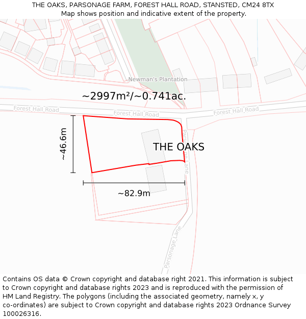 THE OAKS, PARSONAGE FARM, FOREST HALL ROAD, STANSTED, CM24 8TX: Plot and title map
