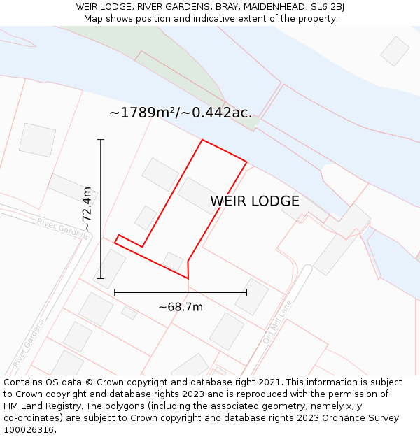 WEIR LODGE, RIVER GARDENS, BRAY, MAIDENHEAD, SL6 2BJ: Plot and title map