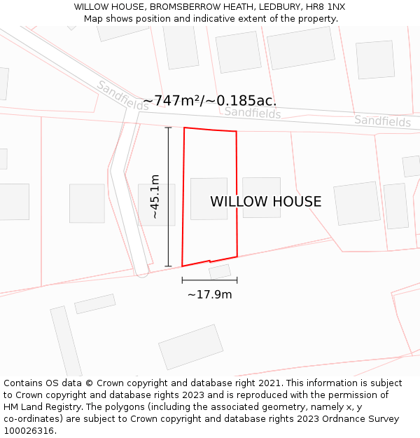 WILLOW HOUSE, BROMSBERROW HEATH, LEDBURY, HR8 1NX: Plot and title map