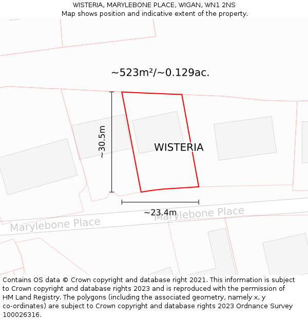 WISTERIA, MARYLEBONE PLACE, WIGAN, WN1 2NS: Plot and title map
