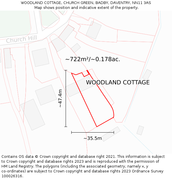 WOODLAND COTTAGE, CHURCH GREEN, BADBY, DAVENTRY, NN11 3AS: Plot and title map