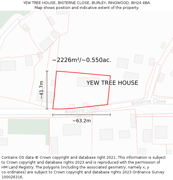 YEW TREE HOUSE, BISTERNE CLOSE, BURLEY, RINGWOOD, BH24 4BA: Plot and title map