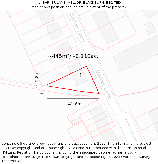 1, BARKER LANE, MELLOR, BLACKBURN, BB2 7ED: Plot and title map