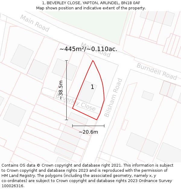 1, BEVERLEY CLOSE, YAPTON, ARUNDEL, BN18 0AF: Plot and title map