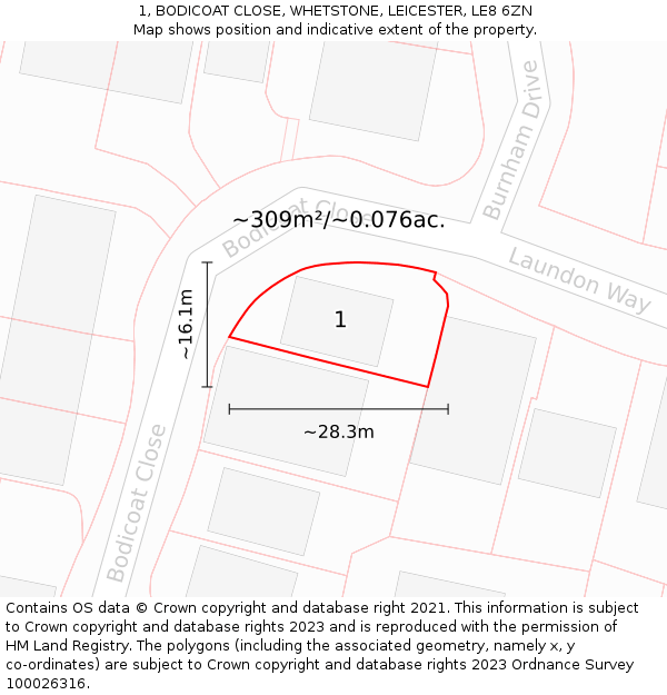 1, BODICOAT CLOSE, WHETSTONE, LEICESTER, LE8 6ZN: Plot and title map