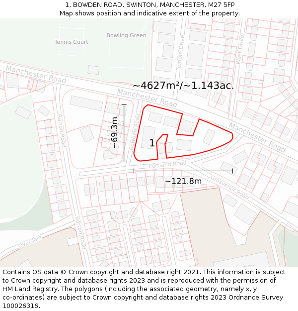 1, BOWDEN ROAD, SWINTON, MANCHESTER, M27 5FP: Plot and title map