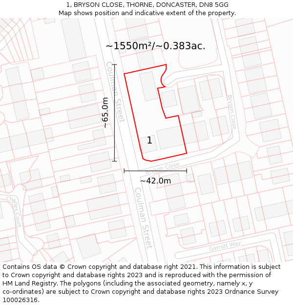 1, BRYSON CLOSE, THORNE, DONCASTER, DN8 5GG: Plot and title map