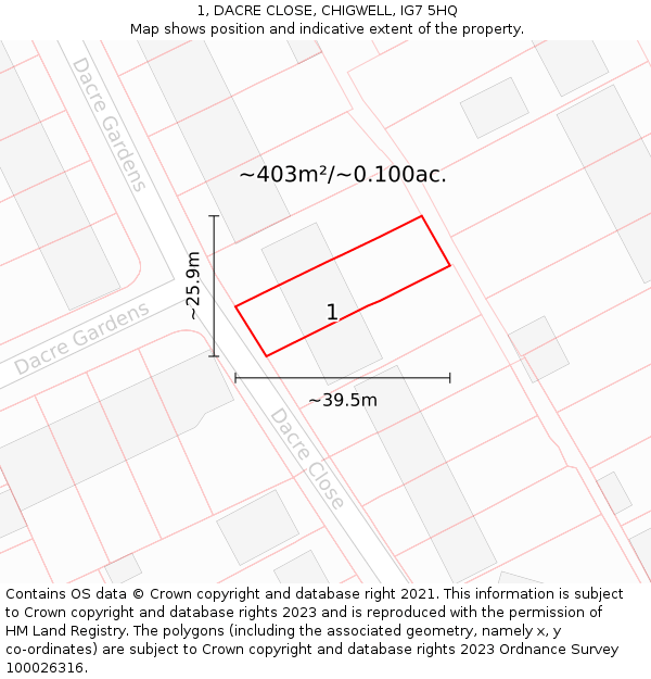 1, DACRE CLOSE, CHIGWELL, IG7 5HQ: Plot and title map