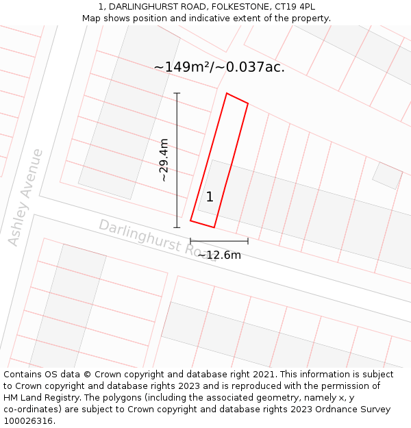 1, DARLINGHURST ROAD, FOLKESTONE, CT19 4PL: Plot and title map