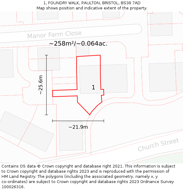 1, FOUNDRY WALK, PAULTON, BRISTOL, BS39 7AD: Plot and title map