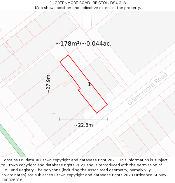 1, GREENMORE ROAD, BRISTOL, BS4 2LA: Plot and title map