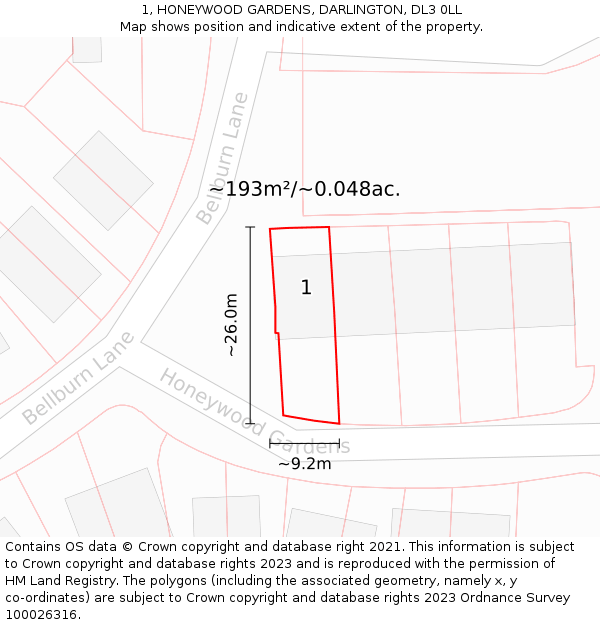 1, HONEYWOOD GARDENS, DARLINGTON, DL3 0LL: Plot and title map