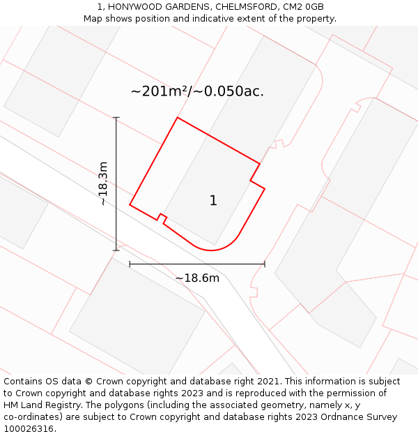 1, HONYWOOD GARDENS, CHELMSFORD, CM2 0GB: Plot and title map