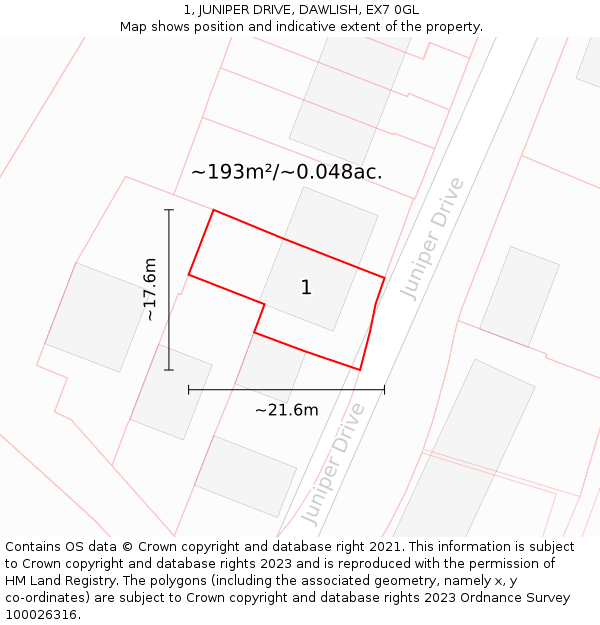 1, JUNIPER DRIVE, DAWLISH, EX7 0GL: Plot and title map