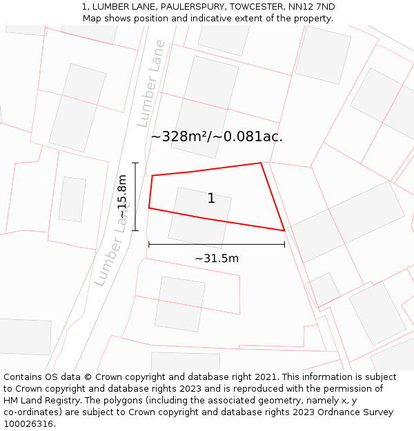 1, LUMBER LANE, PAULERSPURY, TOWCESTER, NN12 7ND: Plot and title map