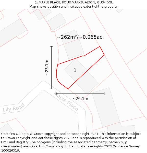 1, MAPLE PLACE, FOUR MARKS, ALTON, GU34 5GL: Plot and title map