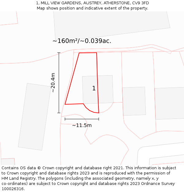1, MILL VIEW GARDENS, AUSTREY, ATHERSTONE, CV9 3FD: Plot and title map