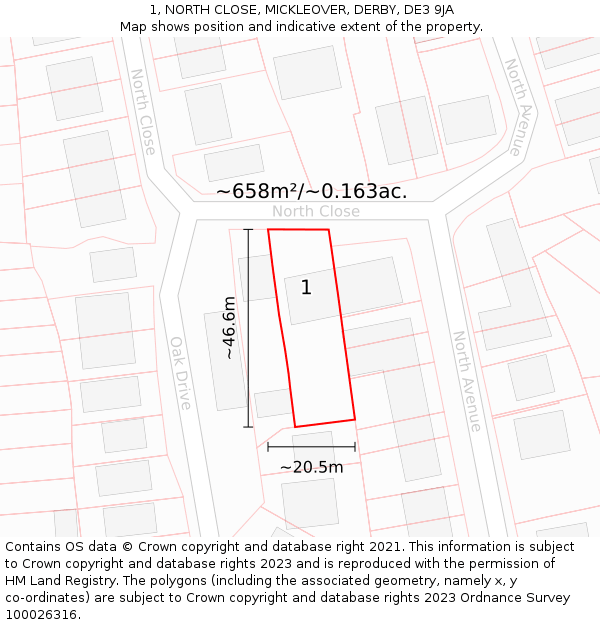 1, NORTH CLOSE, MICKLEOVER, DERBY, DE3 9JA: Plot and title map