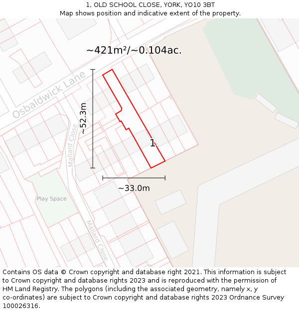 1, OLD SCHOOL CLOSE, YORK, YO10 3BT: Plot and title map
