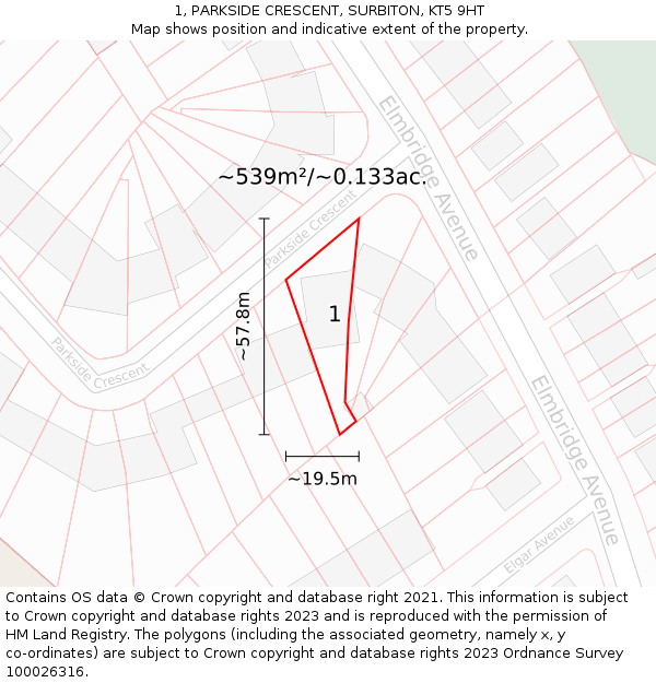 1, PARKSIDE CRESCENT, SURBITON, KT5 9HT: Plot and title map