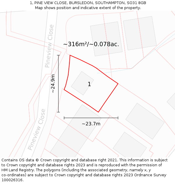 1, PINE VIEW CLOSE, BURSLEDON, SOUTHAMPTON, SO31 8GB: Plot and title map