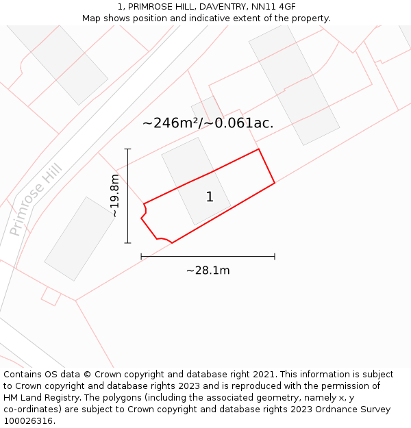 1, PRIMROSE HILL, DAVENTRY, NN11 4GF: Plot and title map