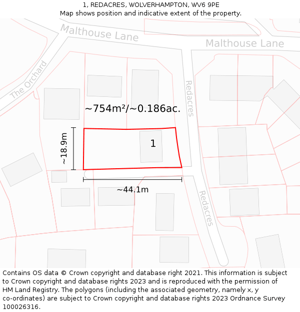 1, REDACRES, WOLVERHAMPTON, WV6 9PE: Plot and title map
