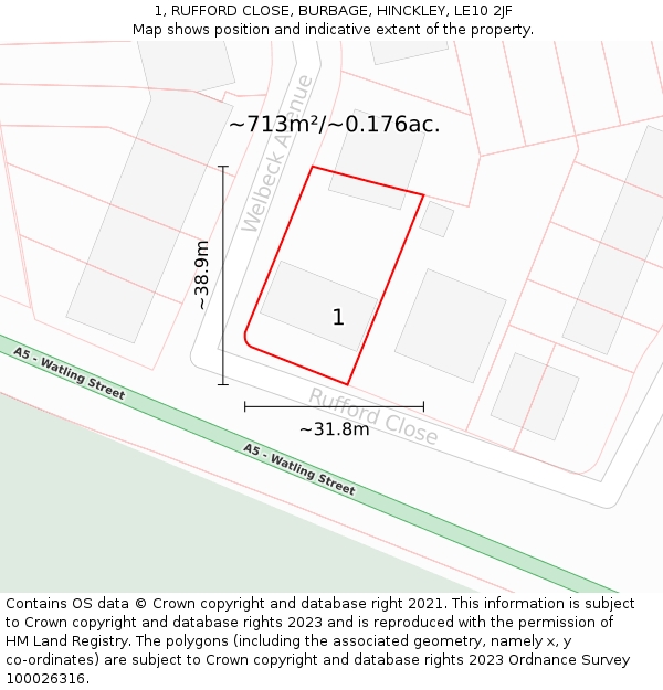 1, RUFFORD CLOSE, BURBAGE, HINCKLEY, LE10 2JF: Plot and title map