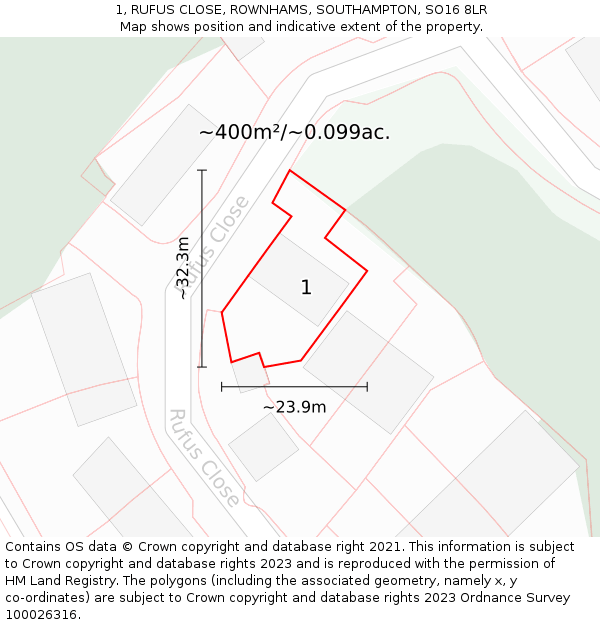 1, RUFUS CLOSE, ROWNHAMS, SOUTHAMPTON, SO16 8LR: Plot and title map