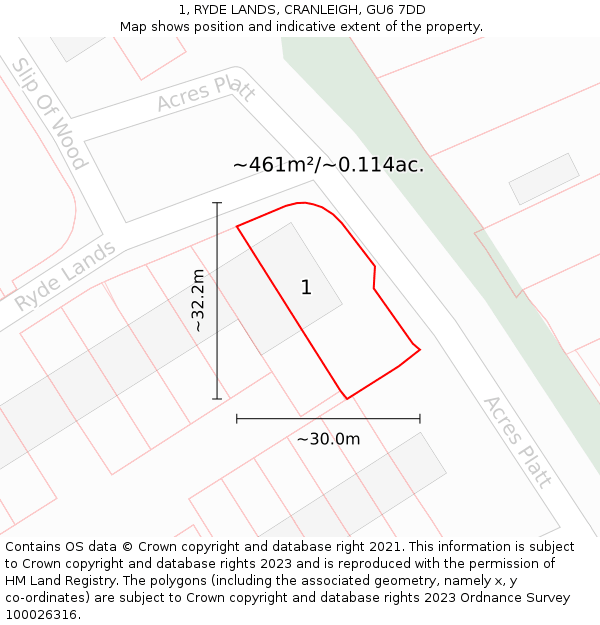 1, RYDE LANDS, CRANLEIGH, GU6 7DD: Plot and title map