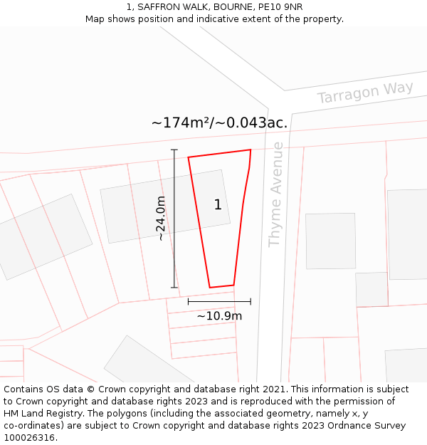 1, SAFFRON WALK, BOURNE, PE10 9NR: Plot and title map