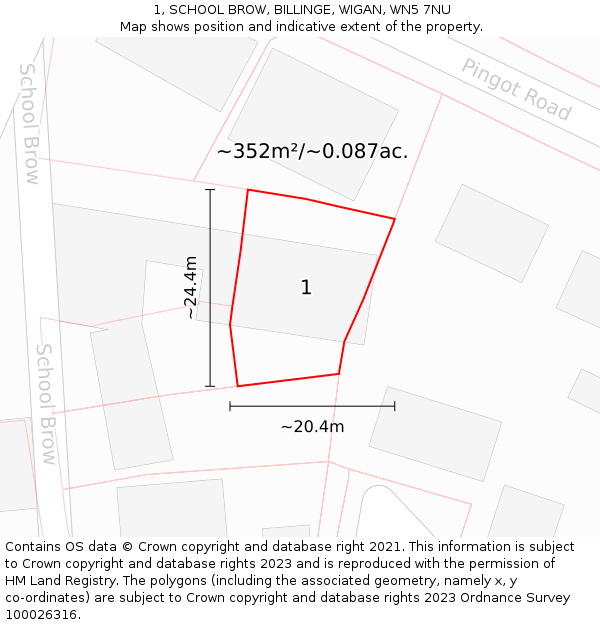 1, SCHOOL BROW, BILLINGE, WIGAN, WN5 7NU: Plot and title map