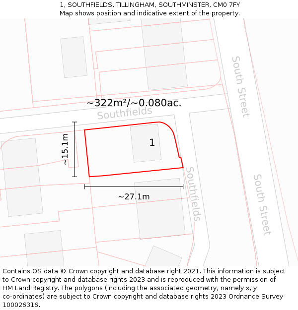 1, SOUTHFIELDS, TILLINGHAM, SOUTHMINSTER, CM0 7FY: Plot and title map