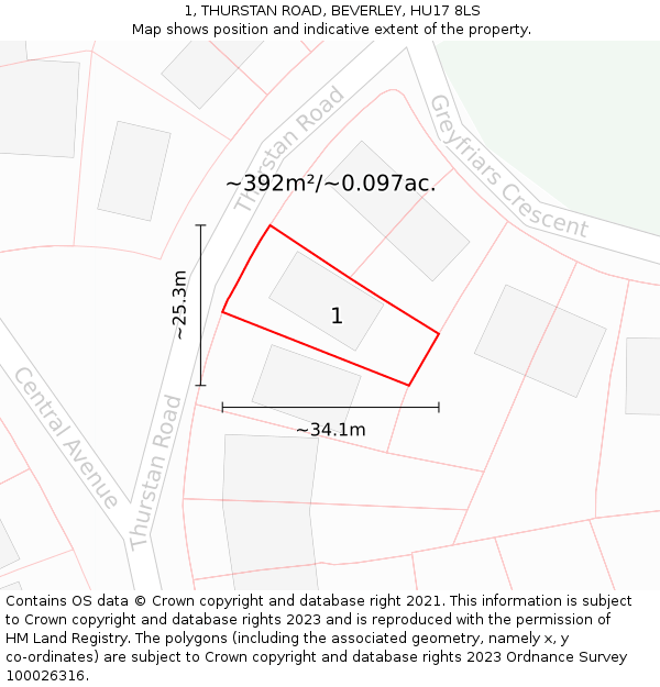 1, THURSTAN ROAD, BEVERLEY, HU17 8LS: Plot and title map
